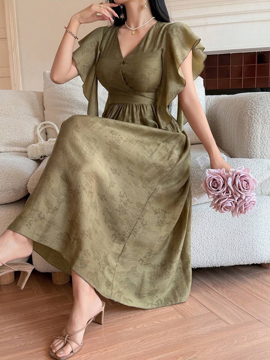 DAZY V-Neck Ruched Waist Flounce Sleeve Dress, Elegant Design, Slimming Effect Sundress - Khaki - View 1