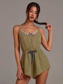 Athîral Women's Casual Olive Green Plaid Romper,Summer Spaghetti Strap Fitted Jumpsuit,Everyday Home Wear,Beach Vacation Outfits,Teen Girl Fashion Pajamas - Multicolor - View 4