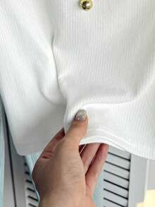 SHEIN Tween Girls' White Knit Ribbed Polo Collar Casual Minimalist Elegant Sleeveless Fitted Tank Top - White - View 3