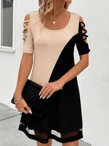 SHEIN Clasi 女士撞色圆领无袖连衣裙 - 杏色 - 查看 3