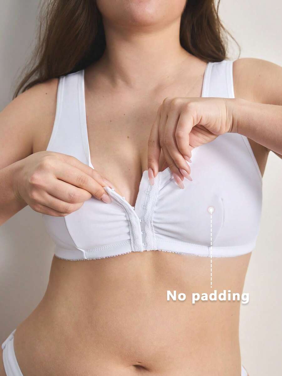 Ocili 1 Stück Damen BH in großen Größen, nahtlos, ohne Bügel, einfarbig, ärmellos, schlicht, mit Frontverschluss, tiefem U-Ausschnitt, breiten Trägern, bequem für den Alltag - Weiss - Übersicht 1