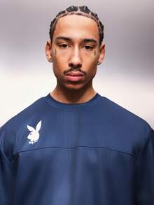 PLAYBOY X SUMWON Kaninlogotyp Regular Fit Mesh Kortärmad Rund Halsad T-shirt Casual Street Wear - Blå - Visa 6