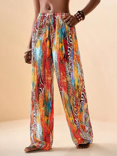 Zivah 2026 Pantalones sueltos y cubrecuerpo casuales de playa transparentes con estampado de animales coloridos