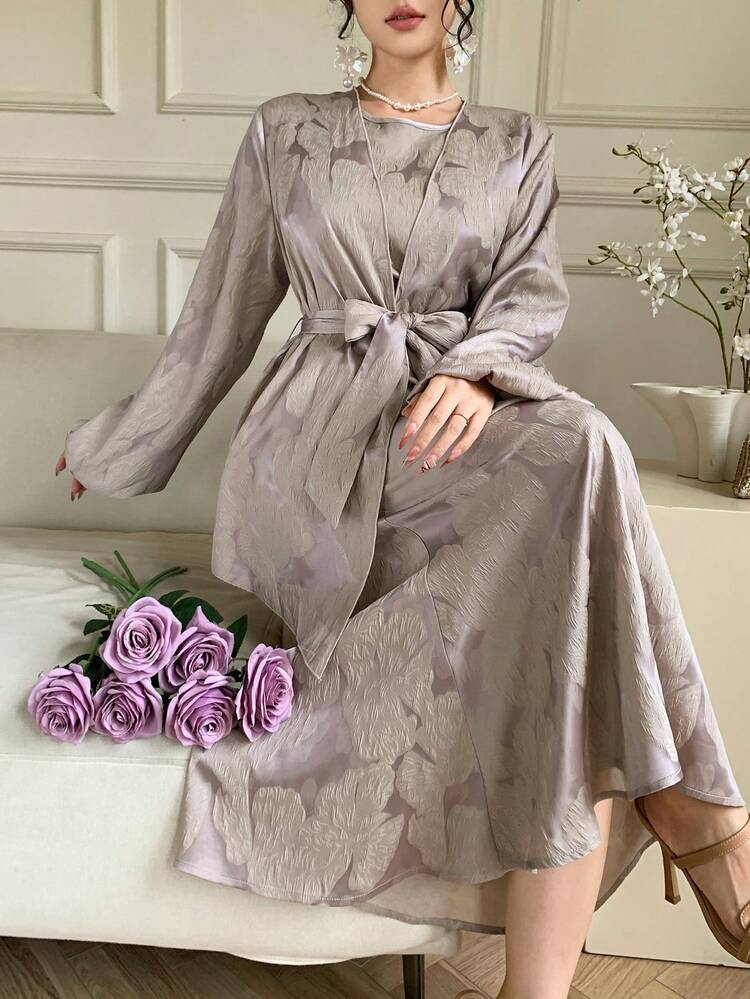 2pcs Women Elegant Jacquard Jacket & Dress Set