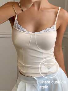 DAZY Lace Patchwork Camisole Top With Built-In Padded Bra For Women - Beige - View 6