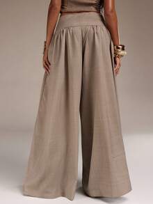Normani 复古低腰阔腿裤，垂坠感休闲女裤 - 卡其色 - 查看 2