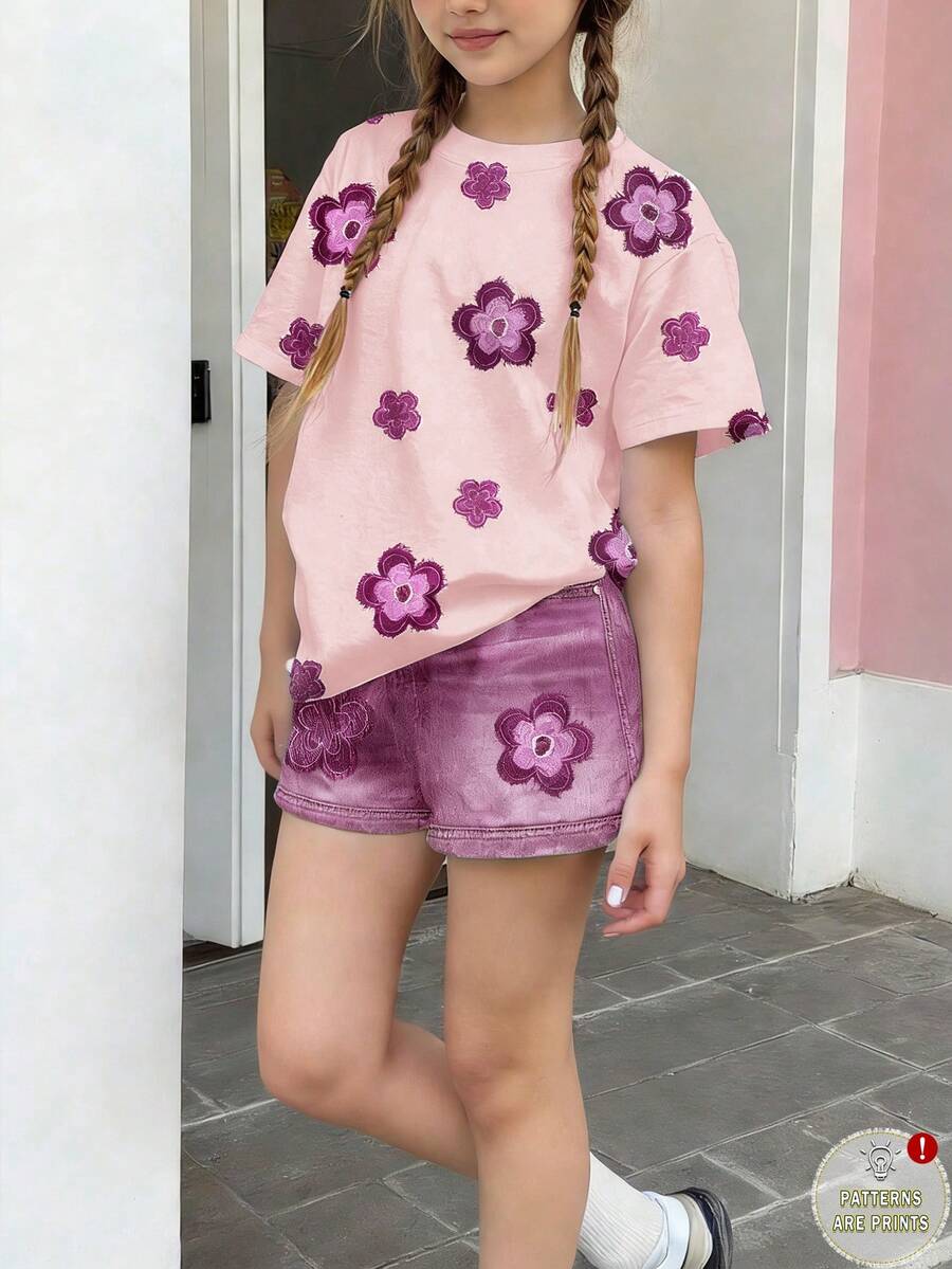 复古可爱碎花图案,少女休闲简约短袖圆领T恤短裤两件套,适合春夏日常、居家、上学等场合,春夏穿搭,女童套装,时尚童装,休闲服饰,儿童碎花图案服装,春夏时尚,春夏服装 - 彩色 - 查看 1