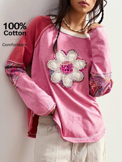 Bohemela Plus Size Crew Neck Raglan Sleeve Floral Graphic Loose Casual Versatile T-Shirt/Fall/Winter