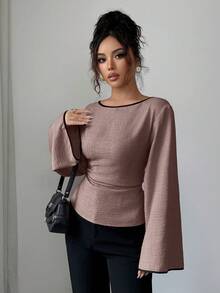 Siren Gaze Slim Fit Blouse With Contrast Trim, Long Flared Sleeves, Round Neck, Thin Back Straps - Maroon - View 5