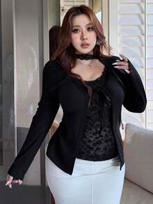 Dazy Plus Tricou negru cu mânecă lungă, model patchwork din dantelă, mărime plus - Gri - Vizualizare 8