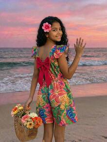 Sparklyn Mono de niña preadolescente con estampado de plantas tropicales, espalda descubierta, lazo decorativo y mangas de vuelo - Multicolor - Ver 6