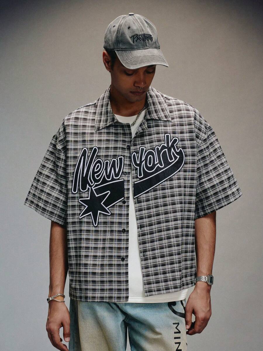 PAVTROS 男士落肩短袖前开襟格子印花宽松衬衫 - 彩色 - 查看 1