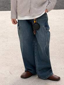 DAZY Quần jeans ống rộng thoải mái có túi hộp dành cho bé trai tuổi teen - Rửa tối - Xem 3