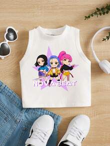SHEIN Fashionable Cartoon Girl, Star, K-Pop Superstars , Young Girl Casual Minimalist Cartoon Pattern Round Neck Vest, Suitable For Summer Daily Wear & Street Style - Multicolor - View 1