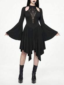 ROMWE SpringGothic Style Off-Shoulder Mesh Patchwork Deep V-Neck Flare Sleeve Asymmetrical Hem Women's Mini Dress - Black - View 1