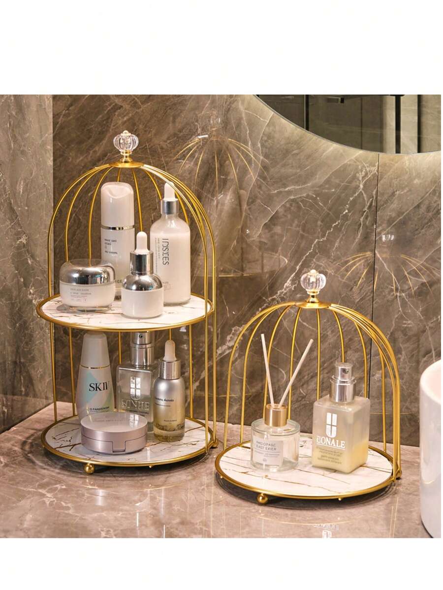 1 Peça Suporte de Armazenamento de Gaiola de Pássaro, Organizador Compacto de Pó de Duas Camadas para Unhas e Cosméticos, Bolsa de Armazenamento de Banheiro, Decoração de Quarto, Bolsas, Nécessaire, Penteadeira, Viagem, Nécessaire, Essenciais de Viagem, Organizador, Armazenamento, Essenciais de Viagem, Organizador de Maquiagem, Nécessaires, Bolsa de Toalete - Branco - Visão 1