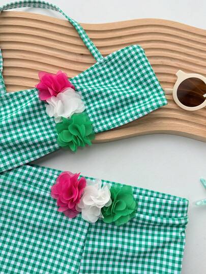 DAZY 女孩花卉装饰格子露背泳衣套装，适合海滩度假