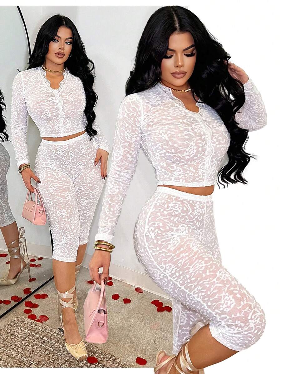 SHEIN SXY Women's V-Neck Lace Patchwork Long Sleeve Top And 7/8 Pants Sexy Date Party Outfit, White 2 Piece Set, 2 Piece Casual Sets Woman, Elegant 2 Piece Set, Mesh Two Piece Set, Lace 2 Piece Set,Club,Valentine's Day - White - View 1