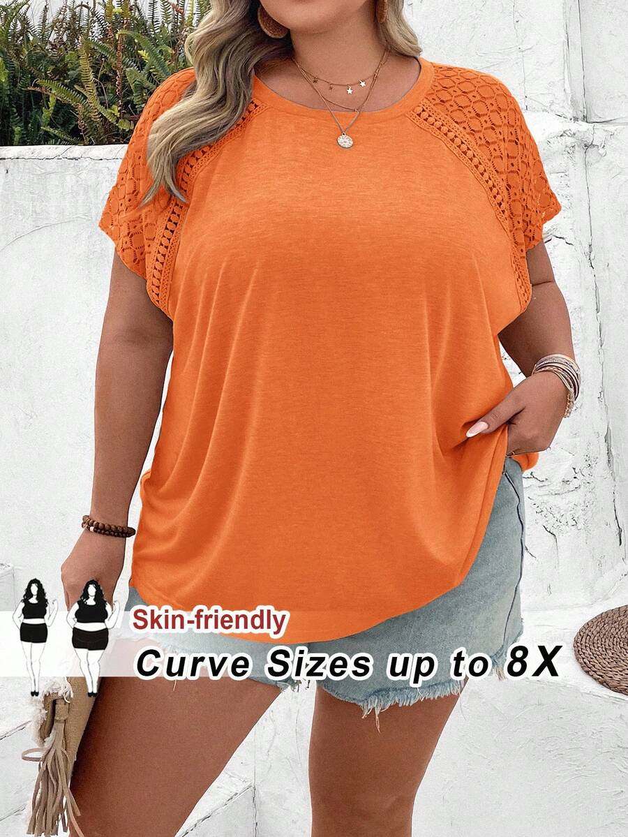 SHEIN CURVE+ Plus Size Color Block Lace Splicing Short Sleeve T-Shirt, Suitable For Beach Vacation In Summer Boho Vacation - Orange - View 1