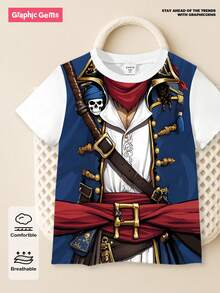 SHEIN GraphicGems Young Boy Pirate Themed Digital Print Casual Round Neck Short Sleeve T-Shirt, Summer Summer Holiday - Multicolor - View 1