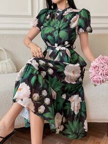 DAZY Elegantes figurumspielendes Kleid mit Stehkragen und Puffärmeln, Sommer Sommerkleid - Grün - Übersicht 6