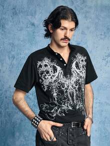 ROMWE MEN Goth Men's Casual Henley Neck Printed Short Sleeve T-Shirt, Summer - Black - View 3