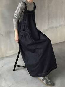 FRIFUL 女士休闲长款牛仔背带裙 - 藍色 - 查看 5