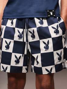 PLAYBOY X SUMWON Checkerboard Pattern Pull On Nylon Shorts With Elastic Waist For Casual Summer Streetwear Style - Blue - View 5