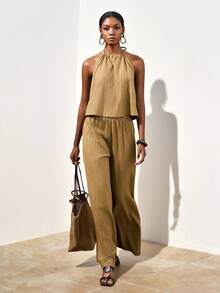 Zivah 春夏新品：音乐节、西部风、游牧风、生日派对、毕业季、学院风、学生装、日常穿搭、百搭基础款、休闲风、度假、邮轮旅行、海滩、海边、日光浴、网红热单、街头风、无袖宽松背心露背吊带上衣搭配宽松阔腿裤，女士褶皱面料休闲优雅两件套 - A - 橄欖綠 - 查看 5