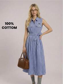 Muvela Đầm nữ không tay, cổ bẻ phía trước, thắt eo, chất liệu 100% cotton, họa tiết kẻ caro xanh dương, kiểu dáng retro sinh viên, thích hợp mặc đi làm và mặc thường ngày. - Màu xanh lam - Xem 1