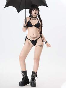 ROMWE Gothic Black Goth Bikini Set,Summer Beach Party Mysterious Aesthetic Metal Stud Matte Gold Rivet Lace-Up Halter Backless Swimwear Two Pieces Set - Black - View 4