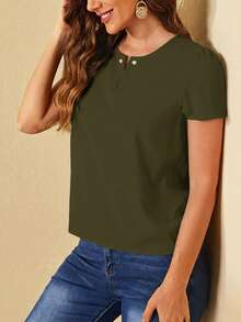 SHEIN Clasi 女士纯色圆领休闲百搭通勤短袖衬衫 - 軍綠色 - 查看 5