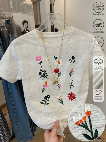 Resyla Floral Embroidery Design Simple 56% Cotton Women Round Neck Short Sleeve T-Shirt, Gift For Friends