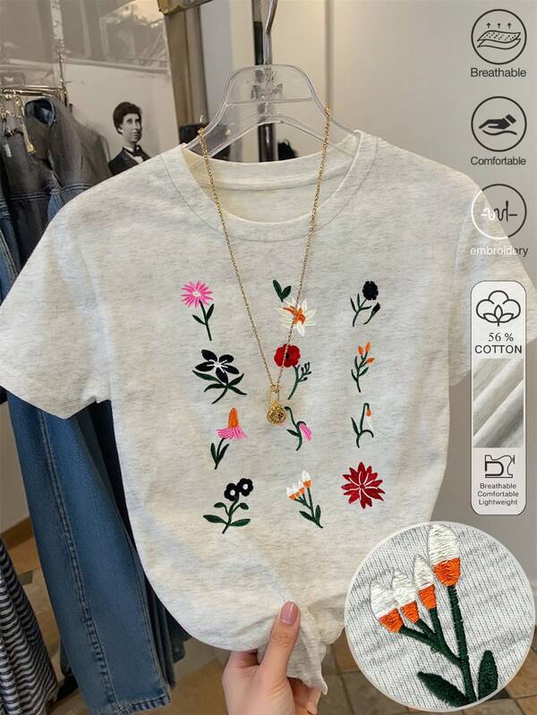 Resyla Floral Embroidery Design Simple 56% Cotton Women Round Neck Short Sleeve T-Shirt, Gift For Friends