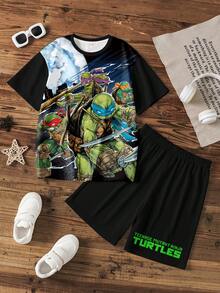 TEENAGE MUTANT NINJA TURTLES | SHEIN Bộ áo thun ngắn tay cổ tròn in hình hoạt hình cho bé trai tuổi teen, thời trang mùa hè. - trắng - Xem 1