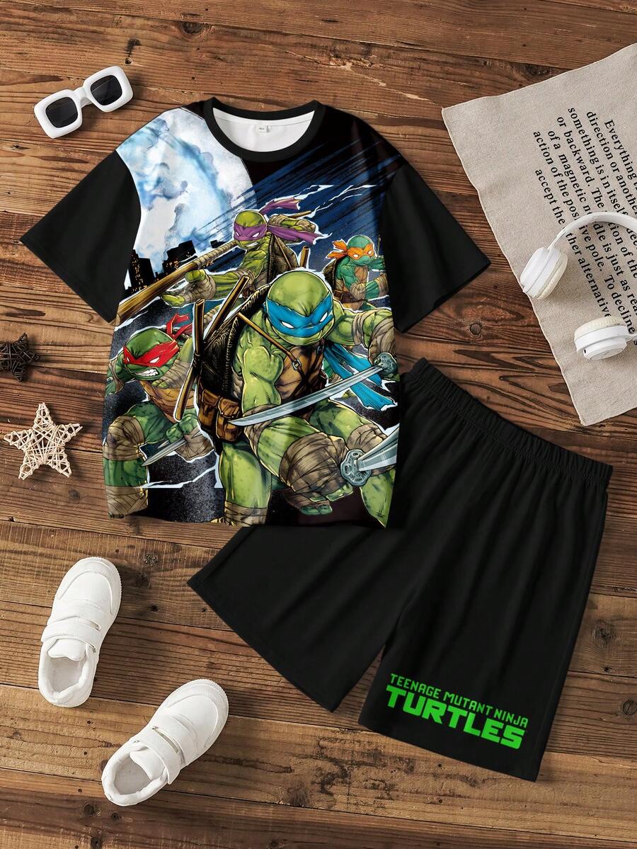 TEENAGE MUTANT NINJA TURTLES | SHEIN Bộ áo thun ngắn tay cổ tròn in hình hoạt hình cho bé trai tuổi teen, thời trang mùa hè. - trắng - Xem 1