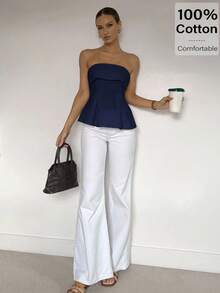 Siren Gaze 亚麻棉抹胸：凸显腰线的波西米亚风职场装 | Old Money Elegance 2025 夏季新品发布 | 日夜过渡 & 职场风格 海军蓝抹胸 无肩带荷叶边上衣 女式无肩带上衣 女式荷叶边上衣 - 藏蓝色 - 查看 3