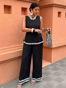 Elegantrix 大码女式撞色滚边无袖开衩连体裤，休闲度假装，时尚街头风，春夏款 - 黑色 - 查看 4