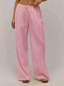 SHEIN Forever 21 女士纯色弹力腰抽绳宽松休闲裤 - 粉色 - 查看 6