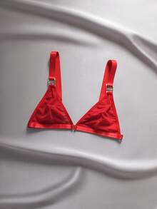 Burgundy Wireless Front Closure Padded Lace Splice Metallic Buckle Plunge Sexy Charming Modern Elegant Ladies Bra - Red - View 8