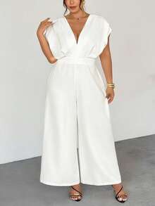 Firerie 女士夏季纯色深V领蝙蝠袖阔腿连体裤/白色亚麻服装/七月四日服装/海滩度假服装/商务休闲女装/办公室/夏季服装/毕业服装/下午茶聚会/优雅露背吊带/优雅露背吊带连体裤 - 白色 - 查看 3