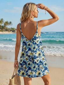 Sylviya Women's Summer Beach Vacation Sunflower Print Casual Mini Dress,Vacation - Multicolor - View 2