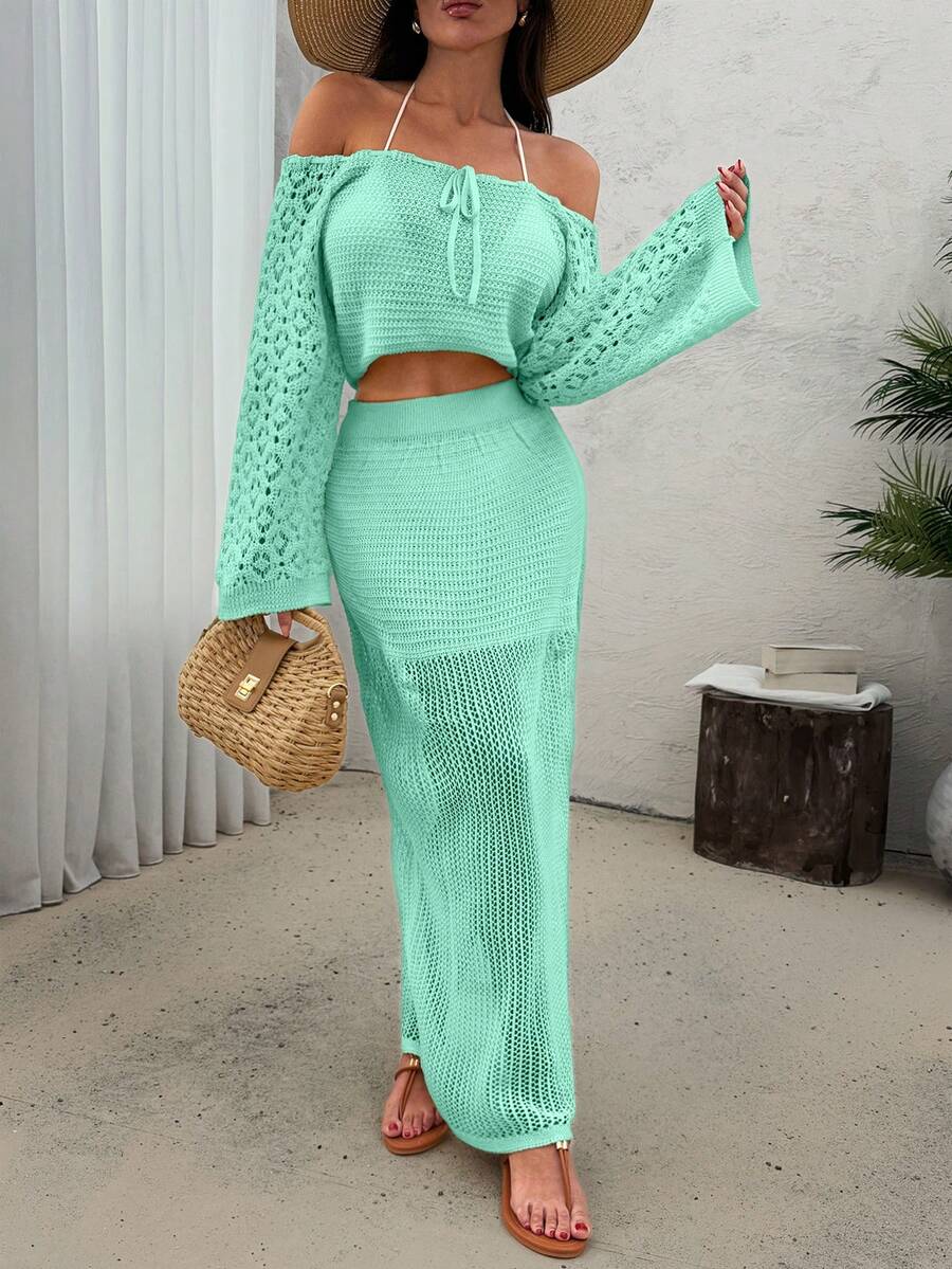 EURMUSE Conjunto de 2 piezas de top de punto con hombros descubiertos y falda midi de punto, conjunto de playa coordinado - verde menta - Ver 1
