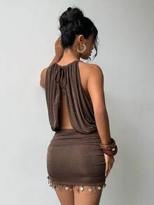 Aloruh Women's Solid Color Sexy Evening Party Date Spring Summer Vacation Shell Tassel Ruched Bodycon Dress, Brown Sexy Deep V Backless Halter Mini Dress - Brown - View 8