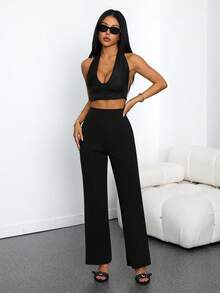 SHEIN PETITE Quần ống rộng dáng suông, màu trơn, thiết kế tối giản, kiểu dáng thường ngày, có khóa kéo phía sau. - màu đen - Xem 6