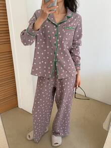 DAZY 两件套可爱草莓图案宽松开衫长袖睡衣套装，含长裤，春秋季女装 - 紫色 - 查看 10