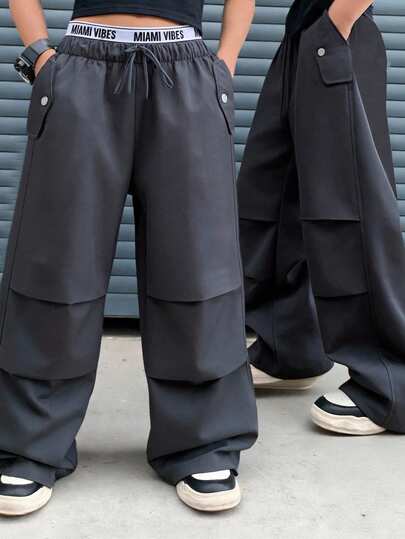 Kids/Tween Boys' Casual Comfortable Letter Elastic Waist Straight Loose Gray Pants, Basic Bottoms, Y2K Style Trousers, Toddler Boy Clothes, Summer Pants, Suitable For Spring, Summer, Autumn, Outdoor Wear, Valentine's Day, Date, Travel, Vacation, Family Gathering, Back To School, Wedding, Evening Party, Sports, Birthday Party