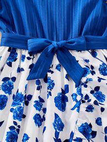 ChillGRL 少女提花荷叶边下摆蝴蝶结腰身蓝色提花荷叶边袖连衣裙，适合青少年女孩夏季休闲日常度假穿着 - 藍色 - 查看 8