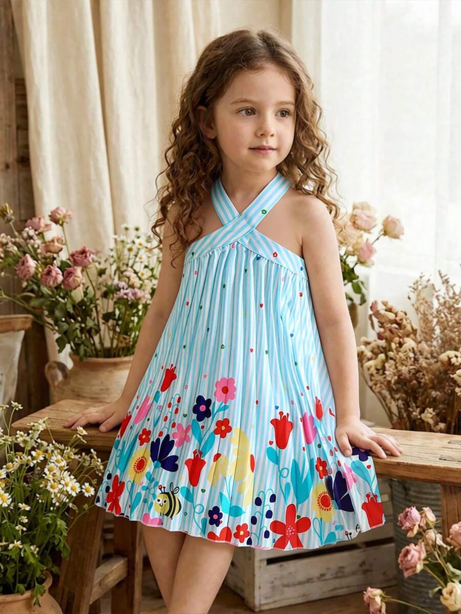 SHEIN Elladie kids 女童休闲无袖热带印花连衣裙，春夏新品 - 藍色 - 查看 1