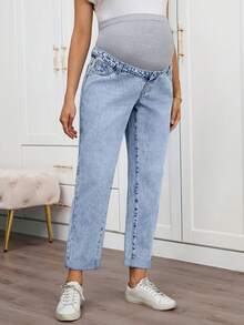 SHEIN Maternity Casual Light Blue High Waist Versatile Daily Jeans - Blue - View 4